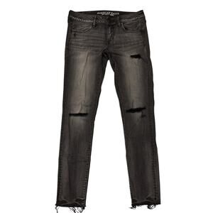 American Eagle Jeans Womens 8 Reg Black Jeggings Super Low Rise Raw Hem Grunge